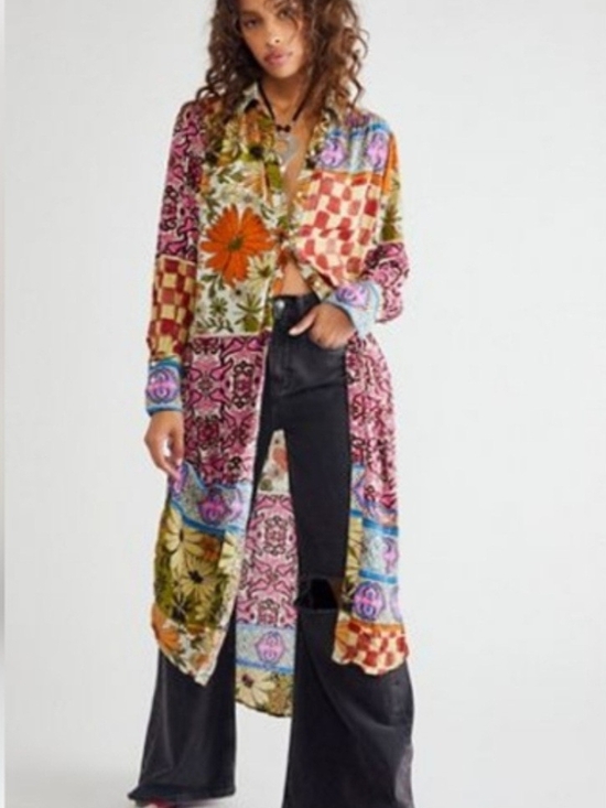 Free People Dresses & Skirts - Free People Jackie Maxi Shirt Dress S Patchwork Floral Checkerboard Button Front
